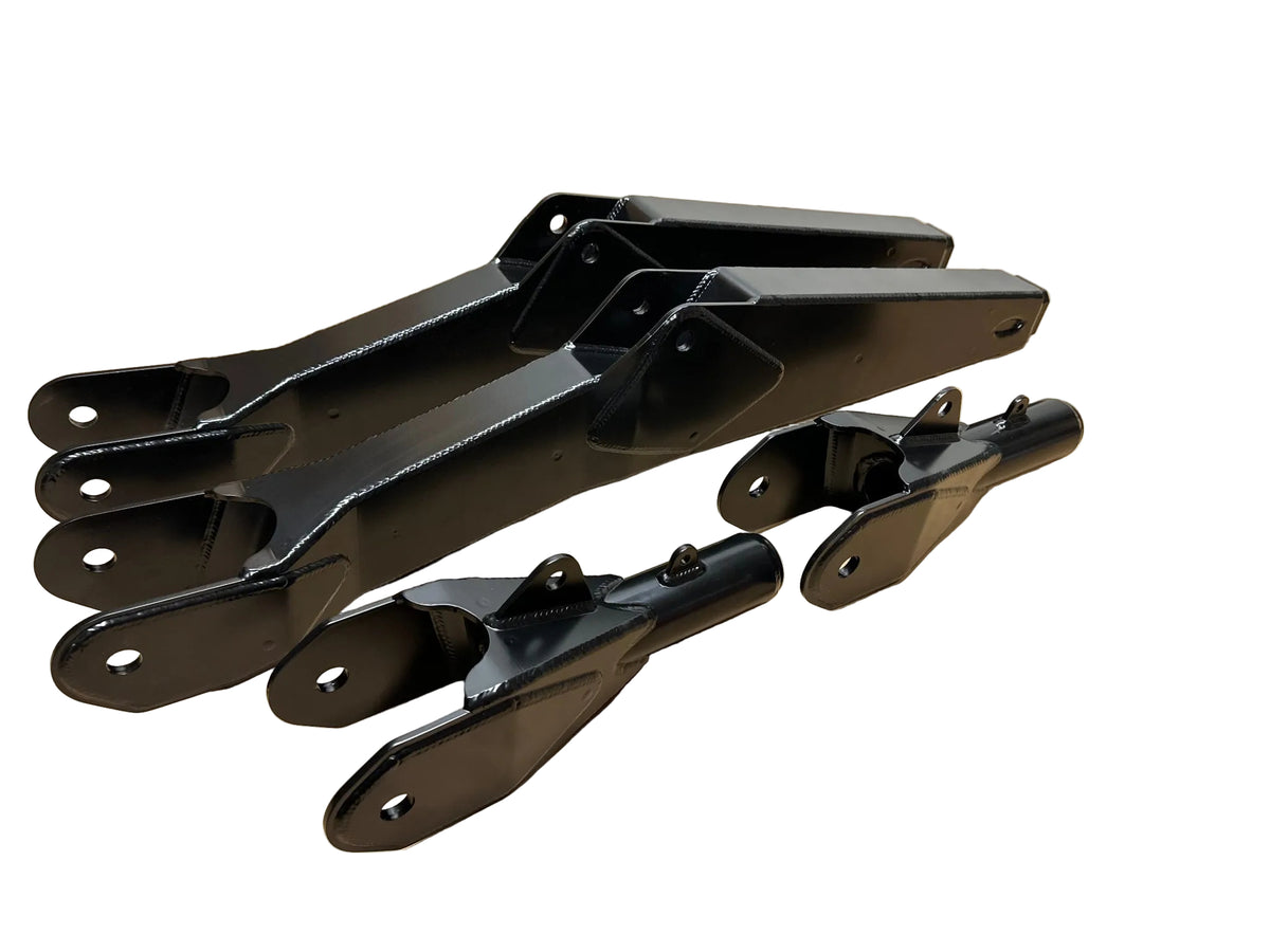 Set of black powder-coated Lewis Built Performance adjustable radius arms for Ford F-250, F-350, and F-450 Super Duty trucks on a white background.