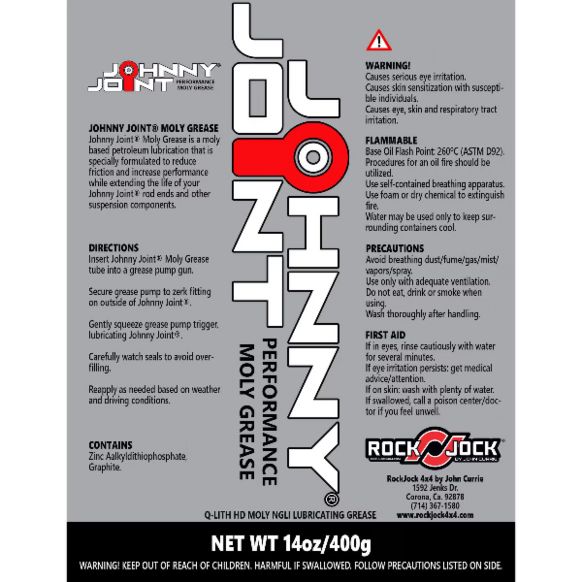 Johnny Joint Performance Moly Grease product data sheet showing product specifications and technical information on a white background.