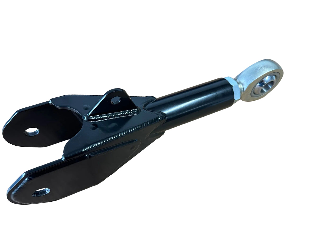 Black powder-coated Lewis Built Performance upper adjustable radius arm for Ford Super Duty trucks on a white background.