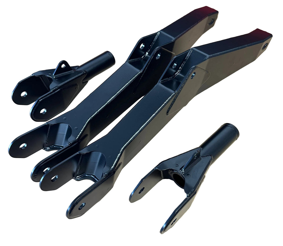 Set of black powder-coated Lewis Built Performance adjustable radius arms for Ford F-250, F-350, and F-450 Super Duty trucks on a white background.